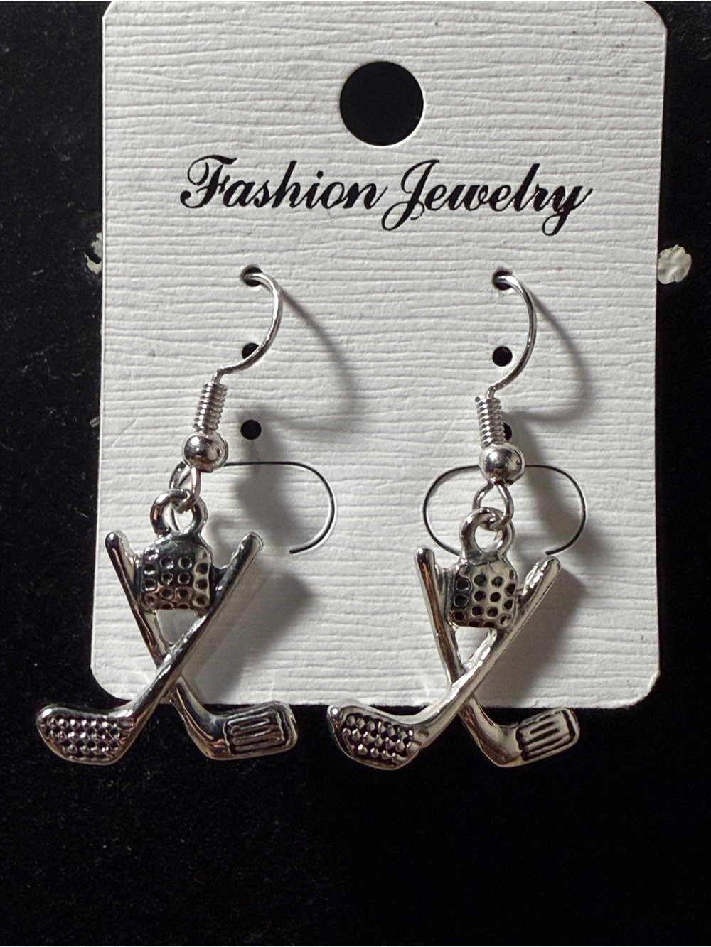 Source Unknown Silver Hockey Stick and Puck Dangle Earrings